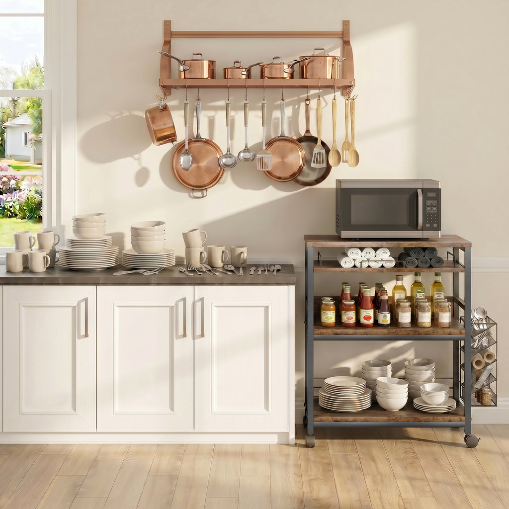 NYBOPAVIS Large Rolling Kitchen Island Cart, 4 TierMicrowave Stand with Sliding Tray, Rolling Bakers Rack with Adjustable Height, Brown