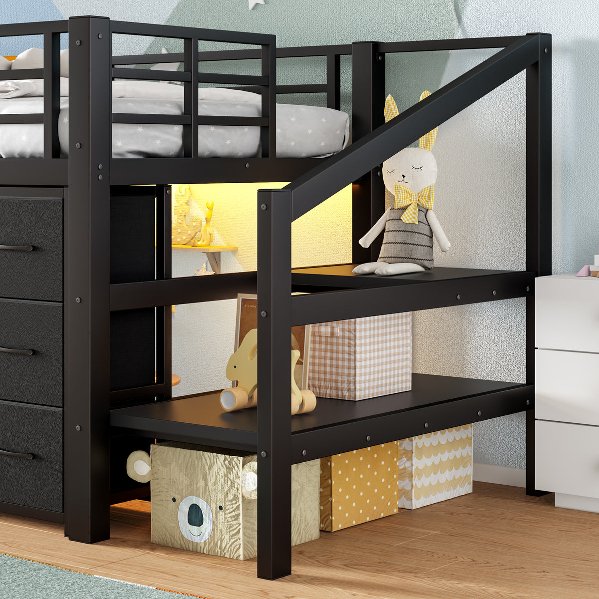 Twin Loft Bed Frame with Convertible Stairs, 9 Drawers & LED Lights, Metal Low Loft Bed with Storage Stairs, Black