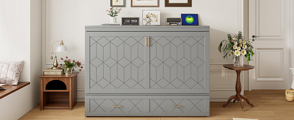 Queen Size Murphy Beds with drawer & USB Ports,Folding Storage Wall Bed Furniture for Bedroom,Office,Guest Room, Gray
