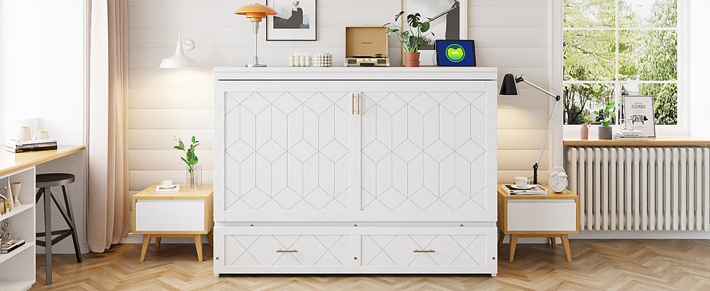Queen Size Murphy Beds with drawer & USB Ports,Folding Storage Wall Bed Furniture for Bedroom,Office,Guest Room,White