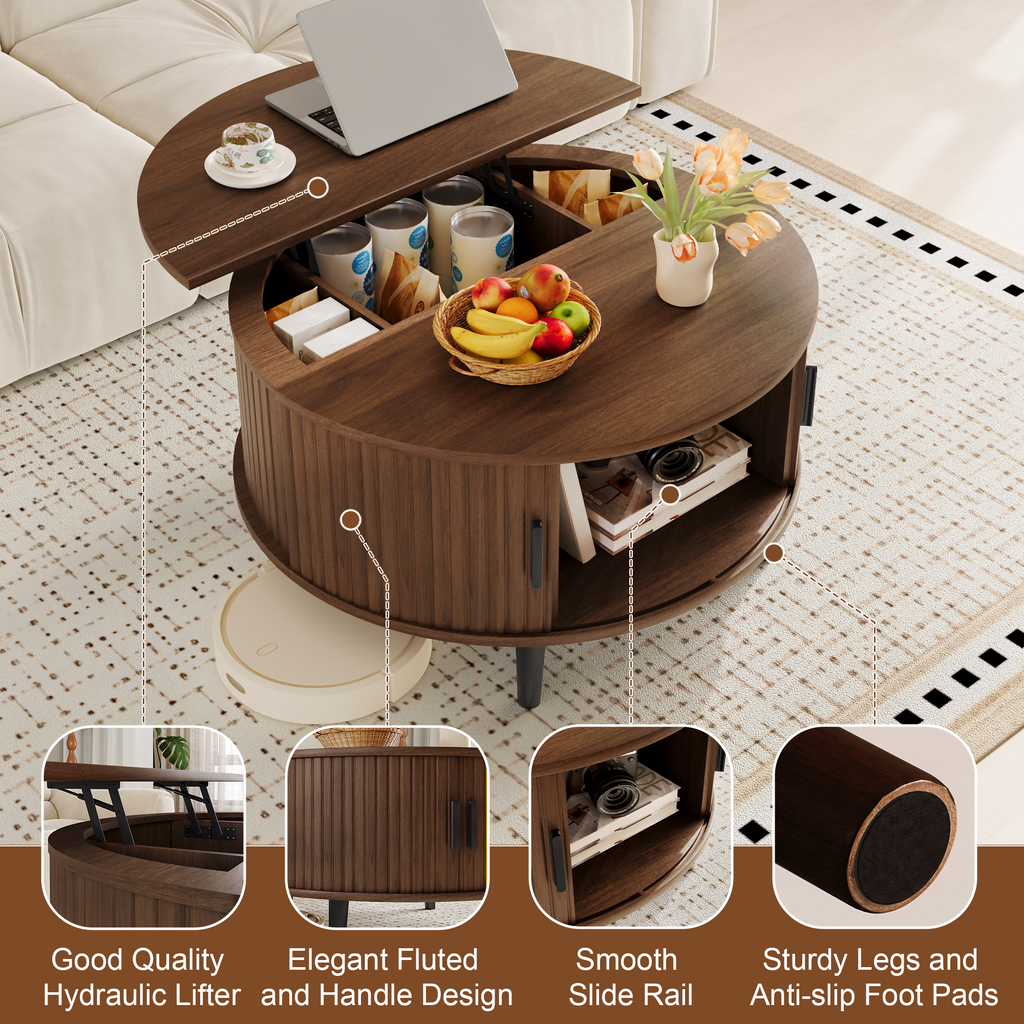NYBOPAVIS Round Lift Top Coffee Table with Hidden Storage & Sliding Door, Mid Century Modern Wooden Center Table for Living Room, Apartment, Small Space, Walnut