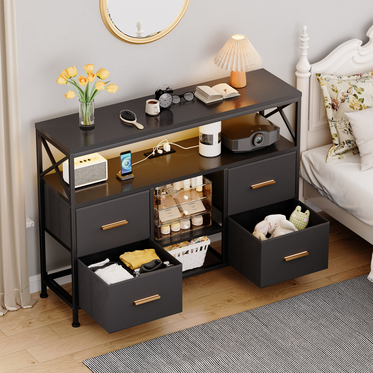 TV Stand for 43" TV, Modern Entertainment Center with LED, Power Outlet, Storage Drawers, TV Console for Living Room,Black