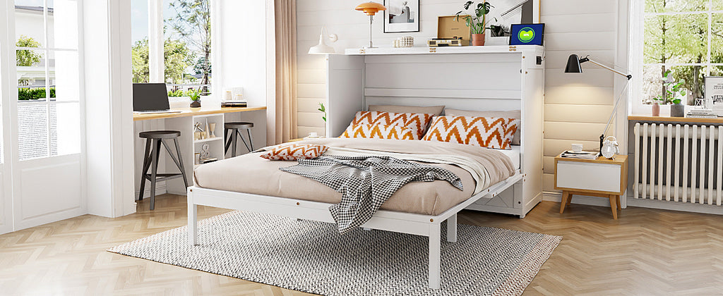 Queen Size Murphy Beds with drawer & USB Ports,Folding Storage Wall Bed Furniture for Bedroom,Office,Guest Room,White