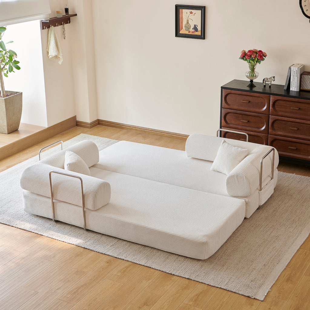 Compressed Convertible Floor Sofa Bed, Boneless Modular Sectional Futon Couch with Pillow Back & Armrest, Corduroy Fabric Loveseat for Living Room Bedroom, White