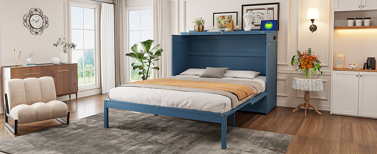 Queen Size Murphy Beds with drawer & USB Ports,Folding Storage Wall Bed Furniture for Bedroom,Office,Guest Room, Navy Blue
