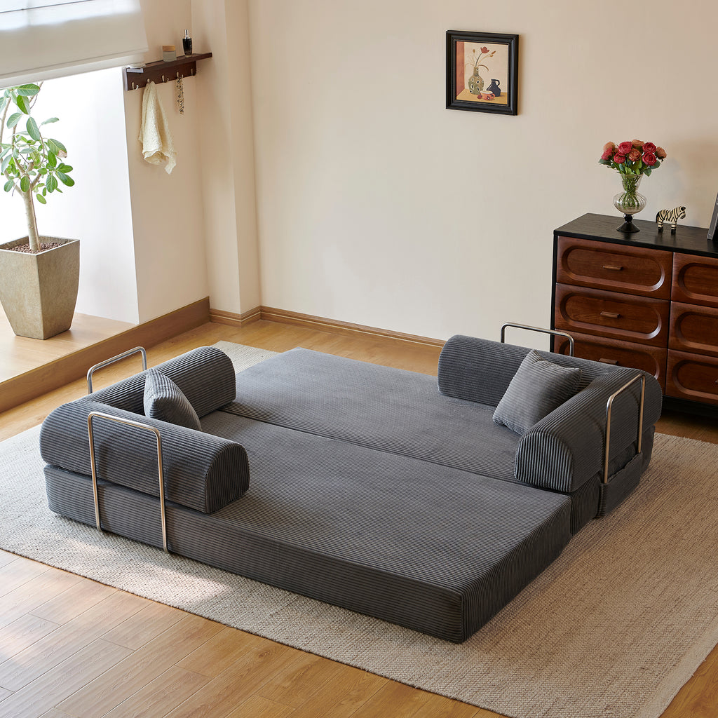 Compressed Convertible Floor Sofa Bed, Boneless Modular Sectional Futon Couch with Pillow Back & Armrest, Corduroy Fabric Loveseat for Living Room Bedroom, Grey