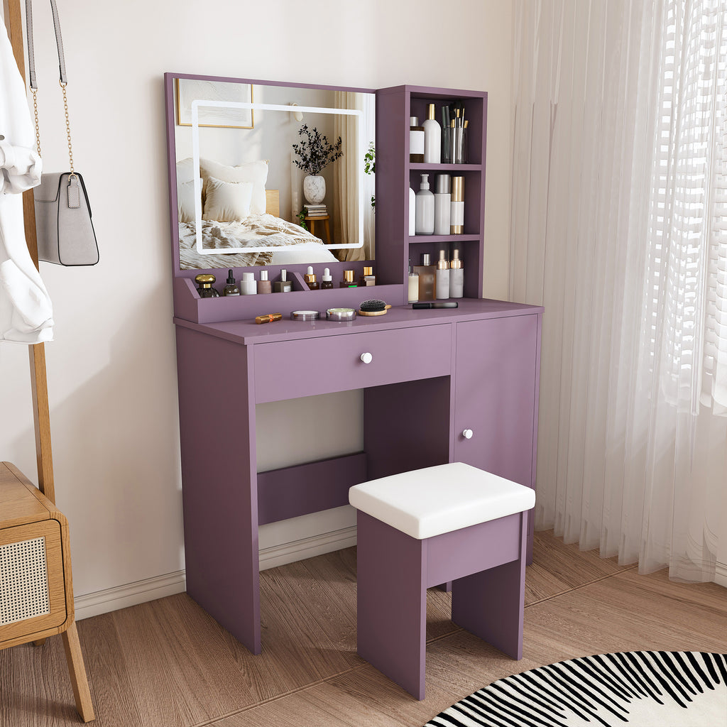 NYBOPAVIS Stylish Vanity Desk Set with Padded Stool & Adjustable LED Lighted Mirror (3 Color Modes), Modern Bedroom Makeup Vanity Desk Combo, Purple