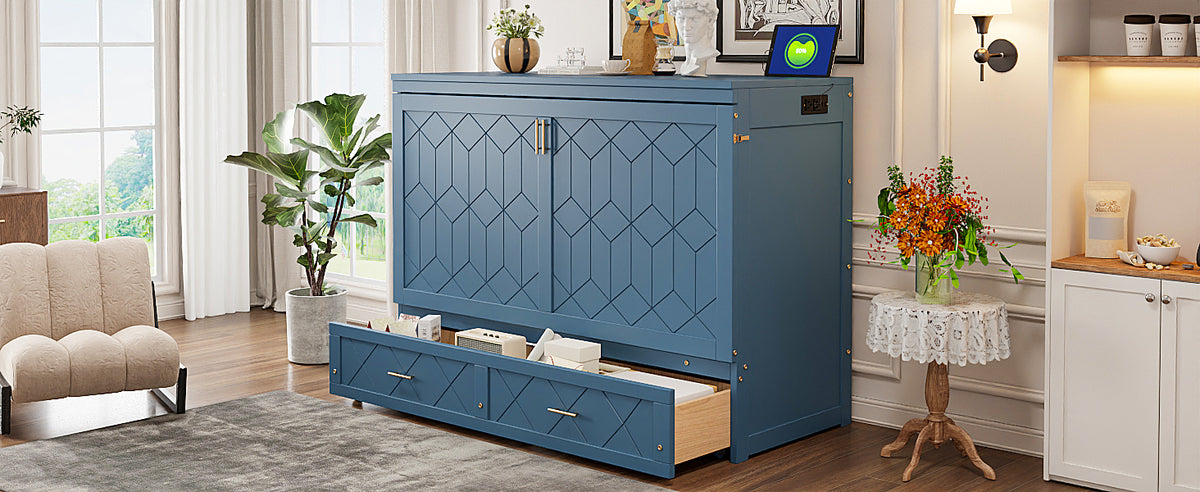 Queen Size Murphy Beds with drawer & USB Ports,Folding Storage Wall Bed Furniture for Bedroom,Office,Guest Room, Navy Blue