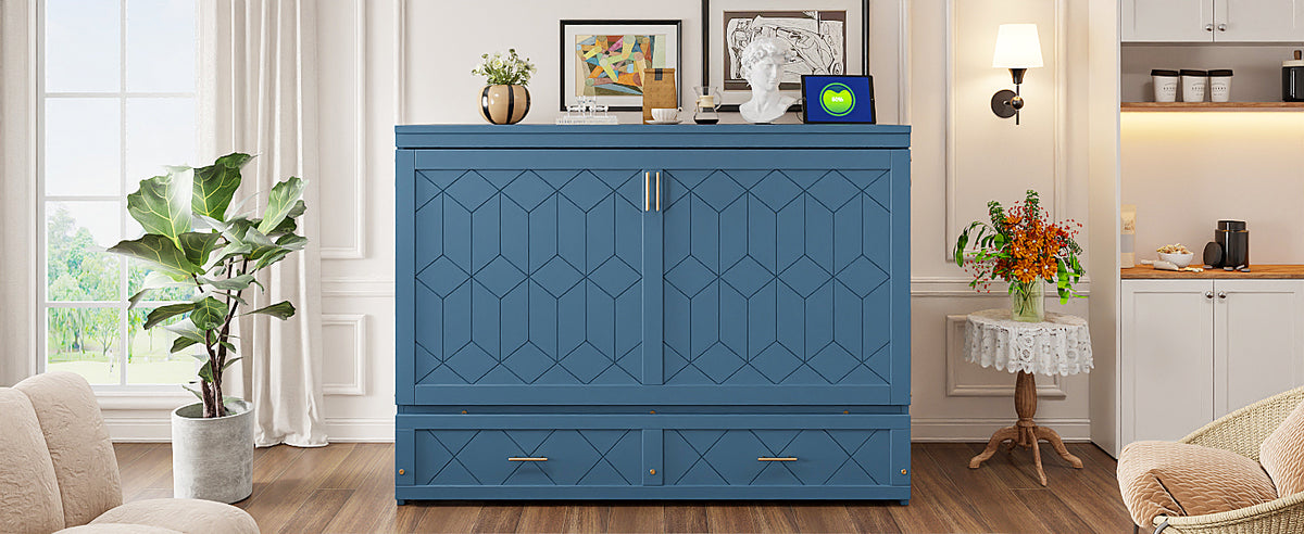 Queen Size Murphy Beds with drawer & USB Ports,Folding Storage Wall Bed Furniture for Bedroom,Office,Guest Room, Navy Blue