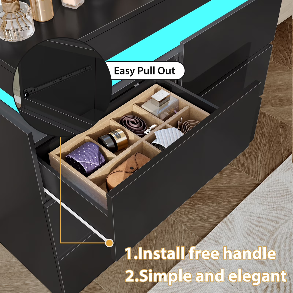 NYBOPAVIS 6 Drawer Dresser for Bedroom, 39" Wide Black Wooden Dresser for Clothes, Modern Chest of Drawers with Flip Top Storage, LED Lights & Charging Station for Closet, Living Room, Entryway