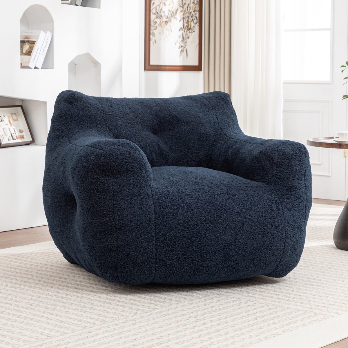 Oversized Bean Bag Chair with Side Pocket, Teddy Comfy Sofa with Arms, Removable Cover Chair for Living Room, Dark Blue