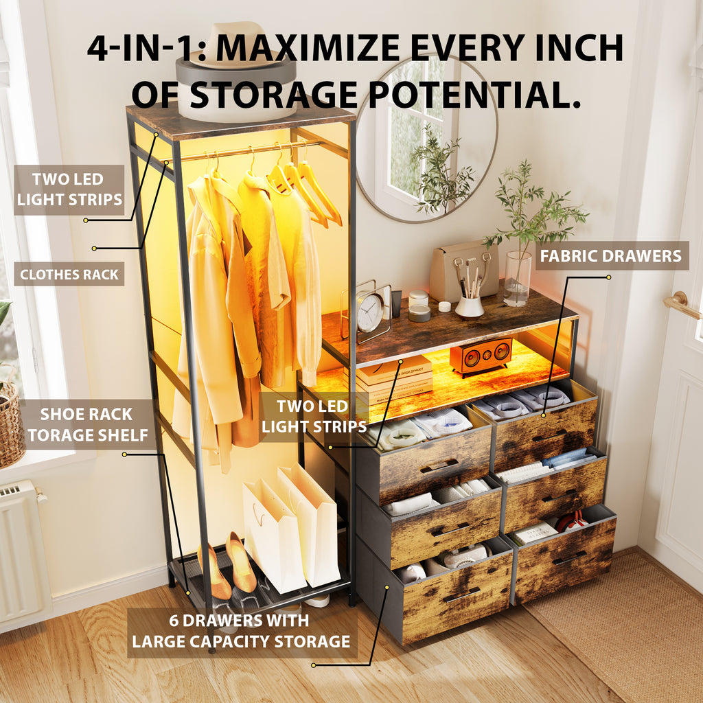 Dresser with Hanging Rack & 6 Drawers with LED Lights, Vanity Table with Drawers for Bedroom,living room,Brown