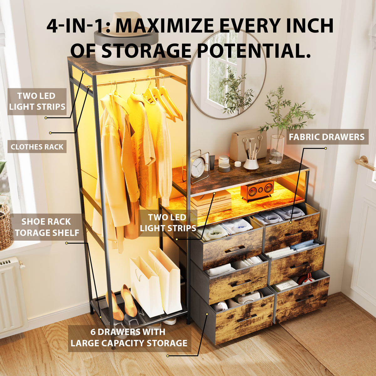 Dresser with Hanging Rack & 6 Drawers with LED Lights, Vanity Table with Drawers for Bedroom,living room,Brown