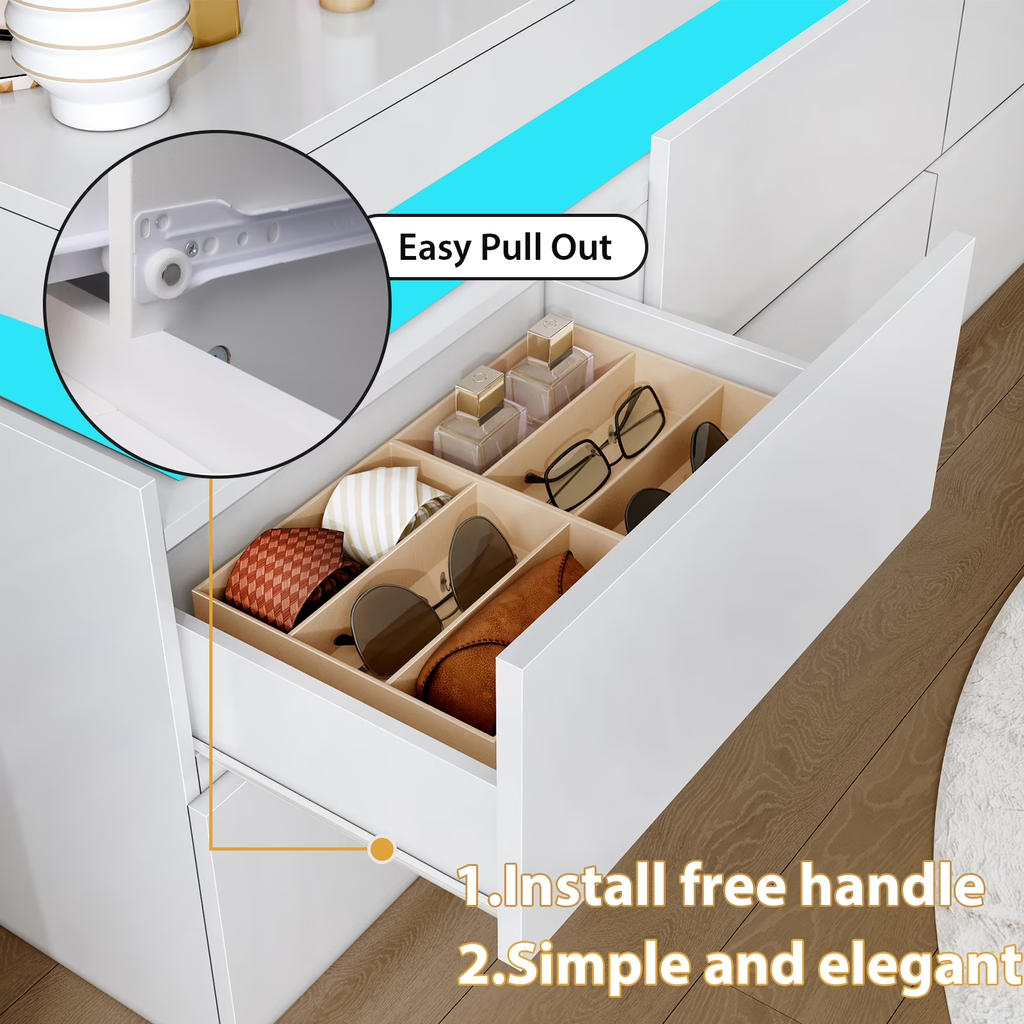 NYBOPAVIS 6 Drawer Dresser for Bedroom, Chest of Drawers with LED Light, TV Stand with Drawers White