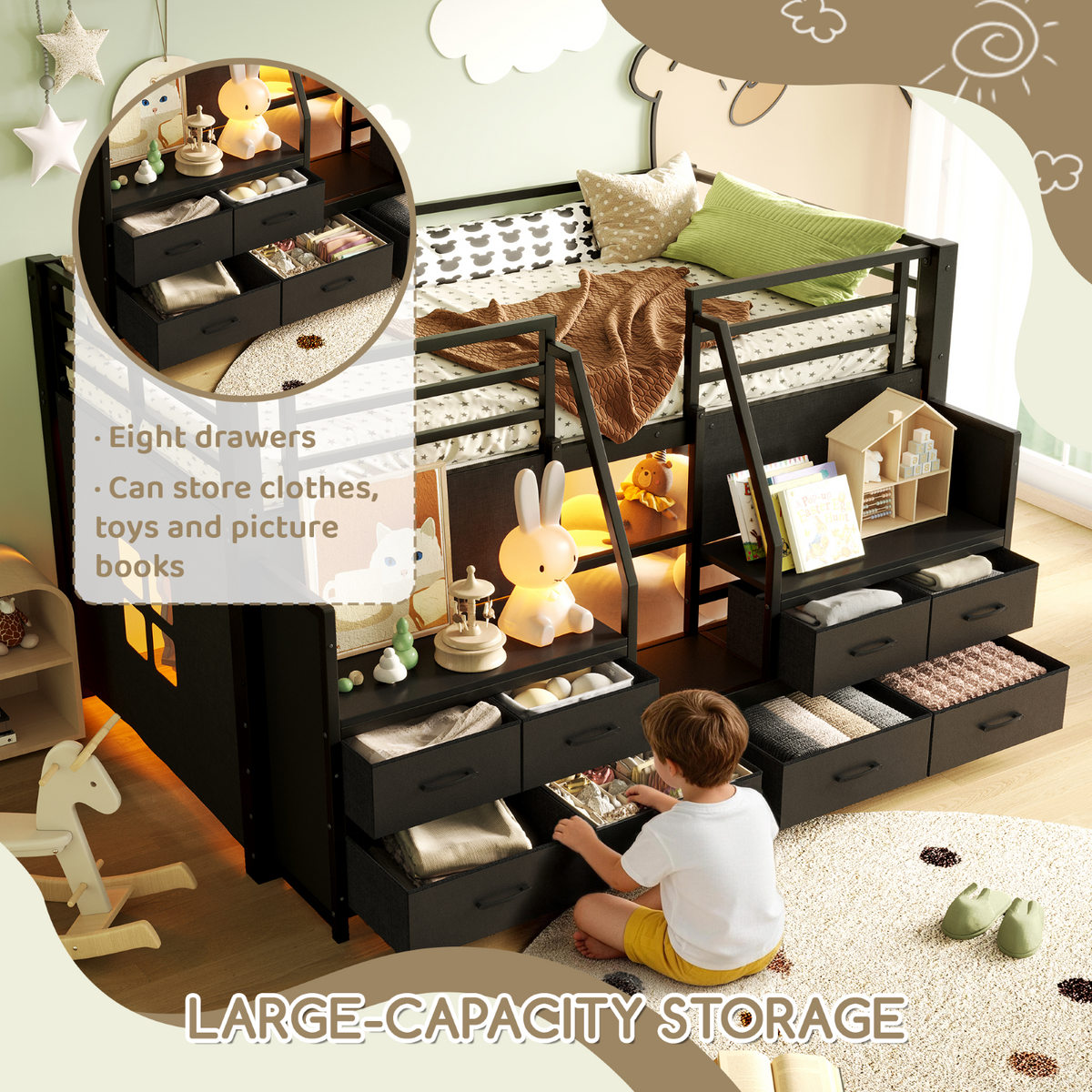 Twin Metal Loft Bed Frame with 8 Drawers & LED Light, Independent Spaces under Bed with Stairs, Black