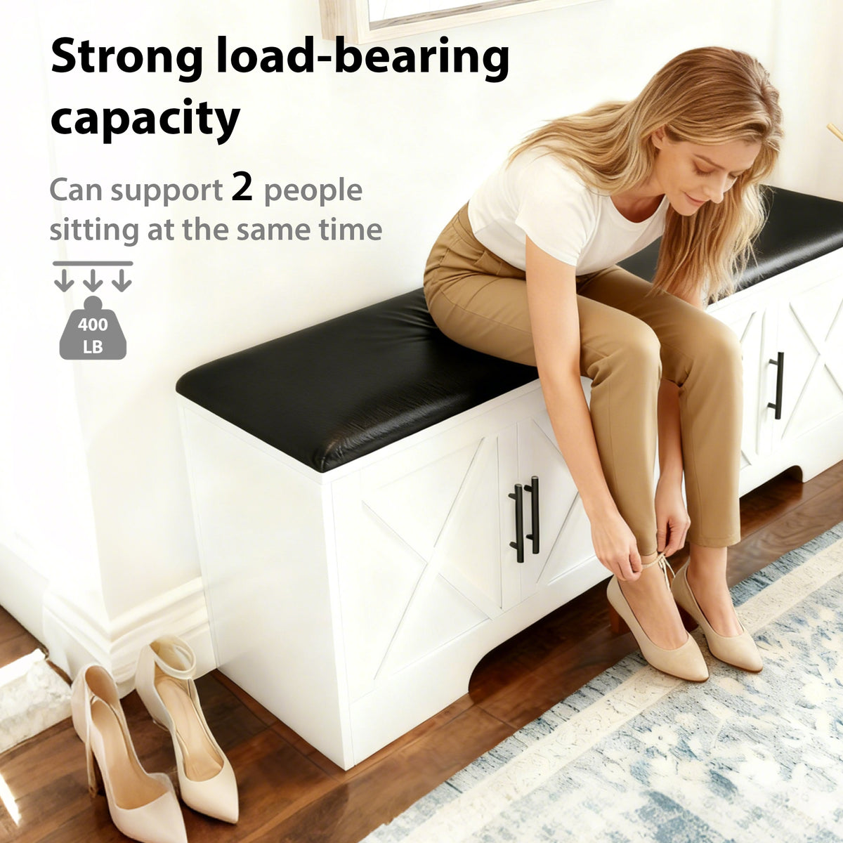 NYBOPAVIS 47" Wooden Storage Bench with Storage & Cushion, Upholstered Storage Bench with Safety Hinges for Entryway, Bedroom, White
