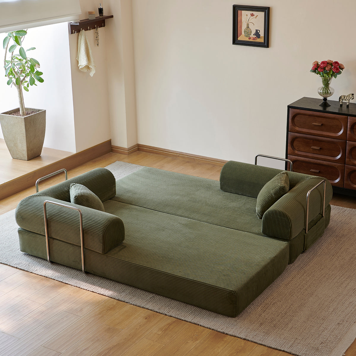 Compressed Convertible Floor Sofa Bed, Boneless Modular Sectional Futon Couch with Pillow Back & Armrest, Corduroy Fabric Loveseat for Living Room Bedroom, Green