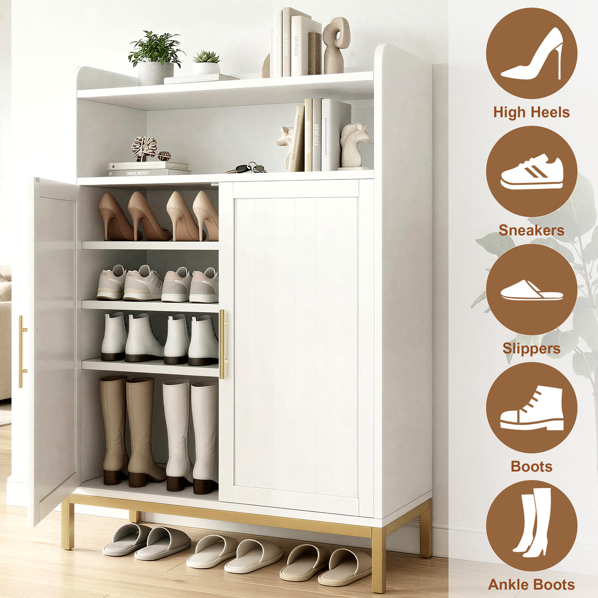 Shoe Cabinet with Adjustable Shelves,Modern Shoe Storage Cabinet & 2-Door 20 Pairs Wood Shoe Rack Organizer for Entryway,White