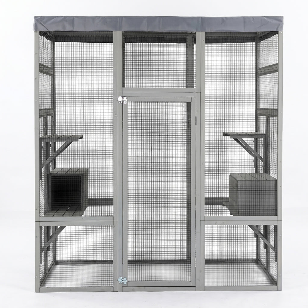 Wooden Catio Outdoor Cat Enclosure Large Cat House for Mulitiple Cats Walk ,2 Napping Boxes & Small Animal Cage, Outdoor Cat Catio with Waterproof Cover,Ramp