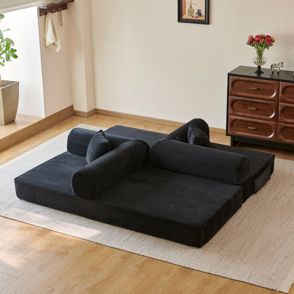 Compressed Convertible Floor Sofa Bed, Boneless Modular Sectional Futon Couch with Pillow Back & Armrest, Corduroy Fabric Loveseat for Living Room Bedroom, Black