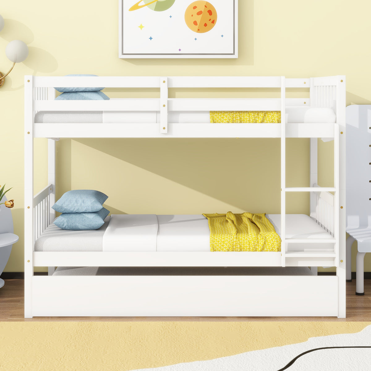 Twin Bunk Bed with Pull-Out Trundle, Convertible Bunk Bed to 2 Single Beds, Solid Wood Bed Frame with Ladder & Guardrail, White