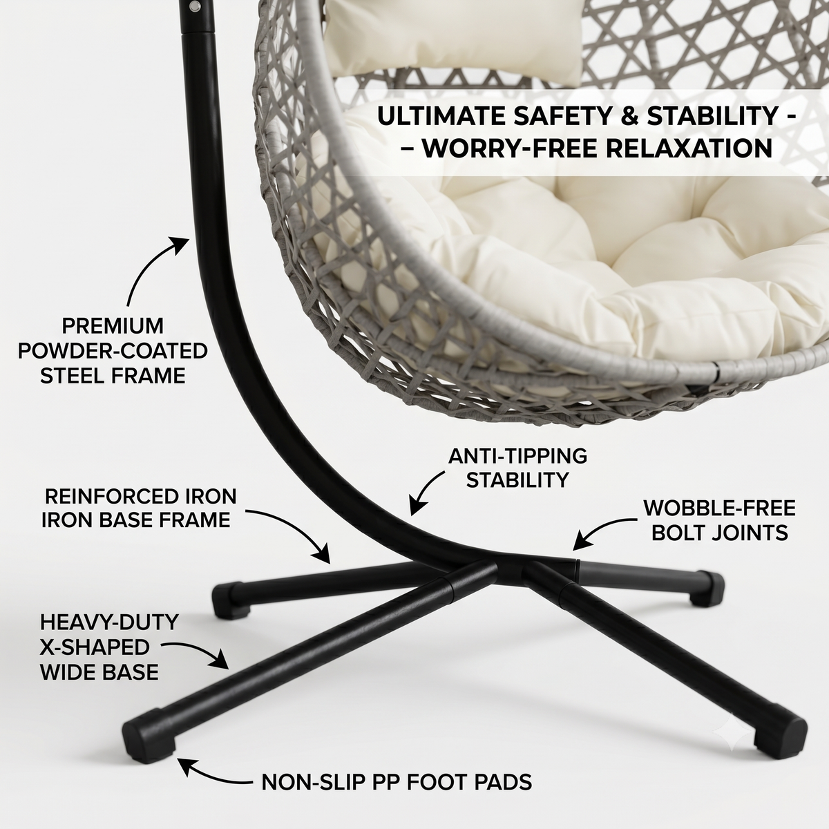 Foldable Indoor/Outdoor Wicker Swing Egg Chair, Hammock Hanging Chair Nest Basket with Stand, UV Resistant Cushions, 350LB Capacity for Bedroom, Balcony, Garden & Poolside, Beige-Gray
