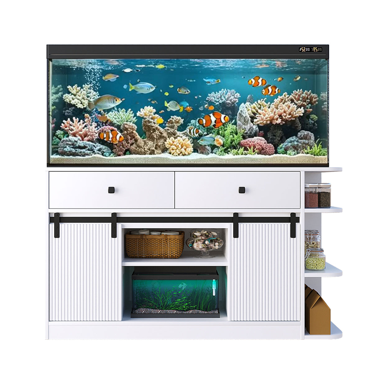 75 Gallon Aquarium Stand with LED Lights & Power Outlets, Fluted Sliding Doors, Storage Cabinets & Shelves for Aquarium Accessories