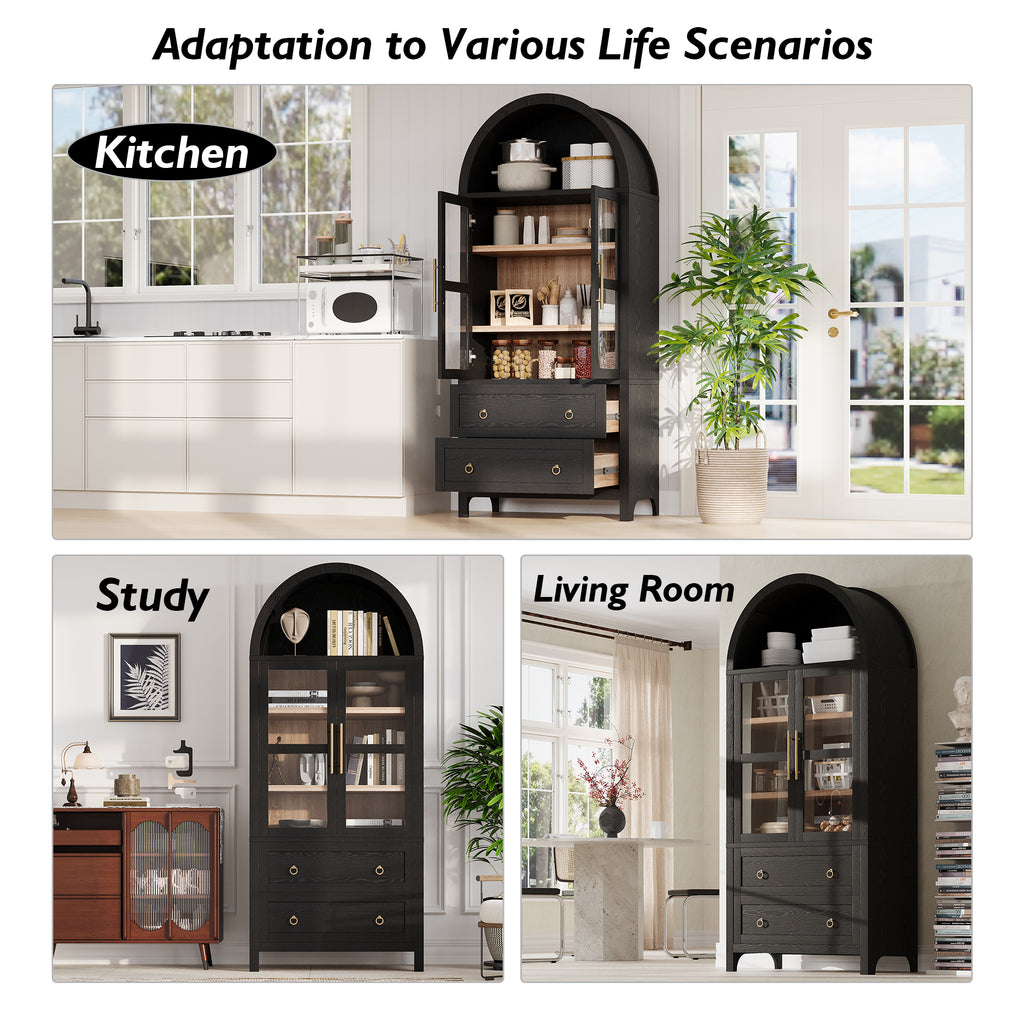 NYBOPAVIS Arched Kitchen Pantry Storage Cabinet, Wood Pantry Cabinet with Adjustable Shelves, Freestanding Pantry Cabinet for Dining Room Living Room, Black