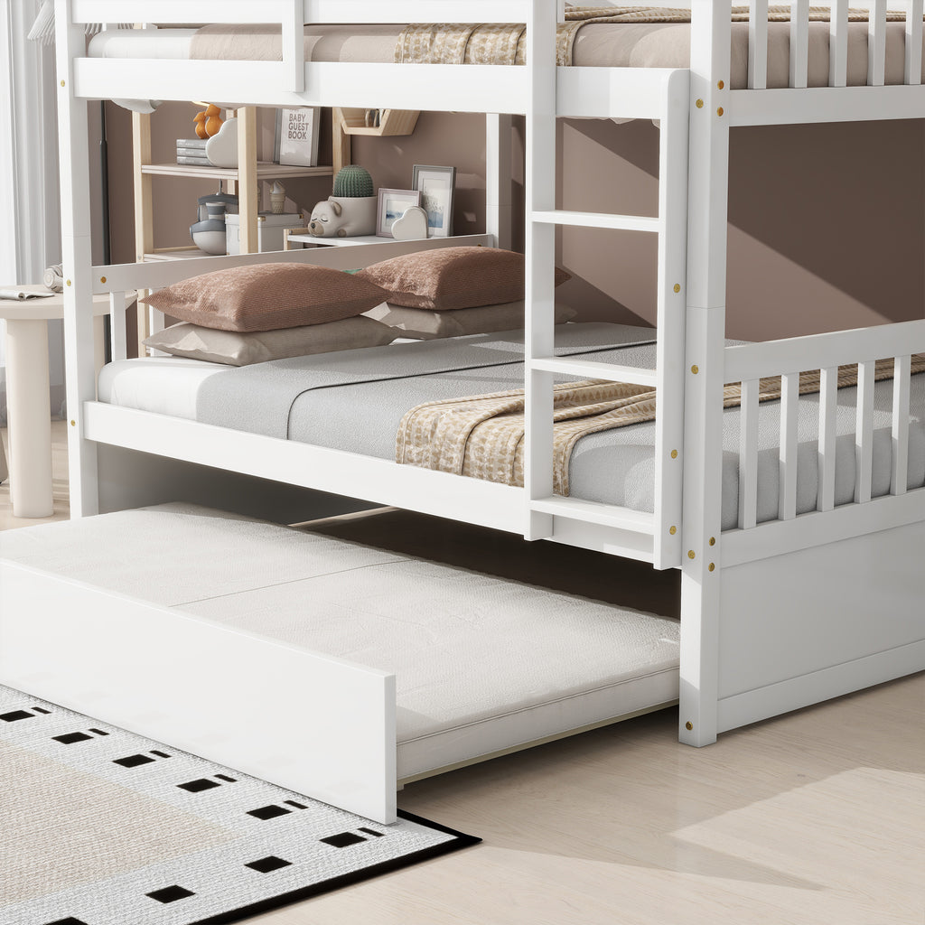 Full Bunk Bed with Pull-Out Trundle, Convertible Bunk Bed to 2 Single Beds, Solid Wood Bed Frame with Ladder & Guardrail, White