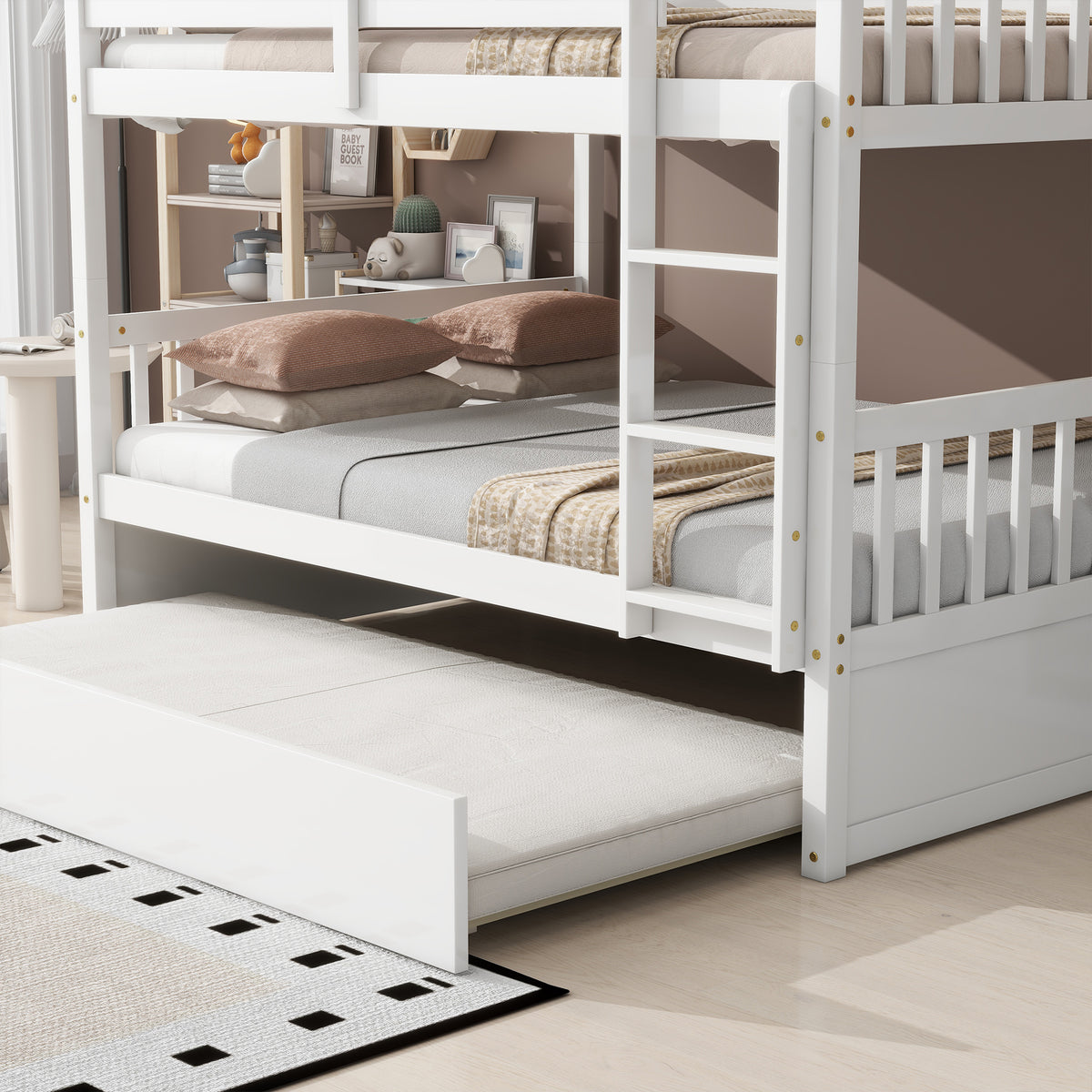 Full Bunk Bed with Pull-Out Trundle, Convertible Bunk Bed to 2 Single Beds, Solid Wood Bed Frame with Ladder & Guardrail, White