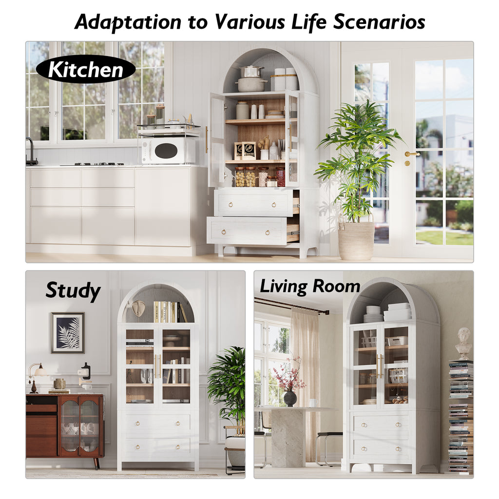 NYBOPAVIS Arched Kitchen Pantry Storage Cabinet, Wood Pantry Cabinet with Adjustable Shelves, Freestanding Pantry Cabinet for Dining Room Living Room, White