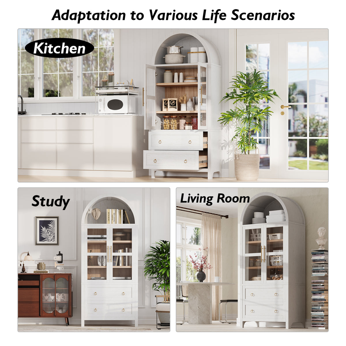 NYBOPAVIS Arched Kitchen Pantry Storage Cabinet, Wood Pantry Cabinet with Adjustable Shelves, Freestanding Pantry Cabinet for Dining Room Living Room, White
