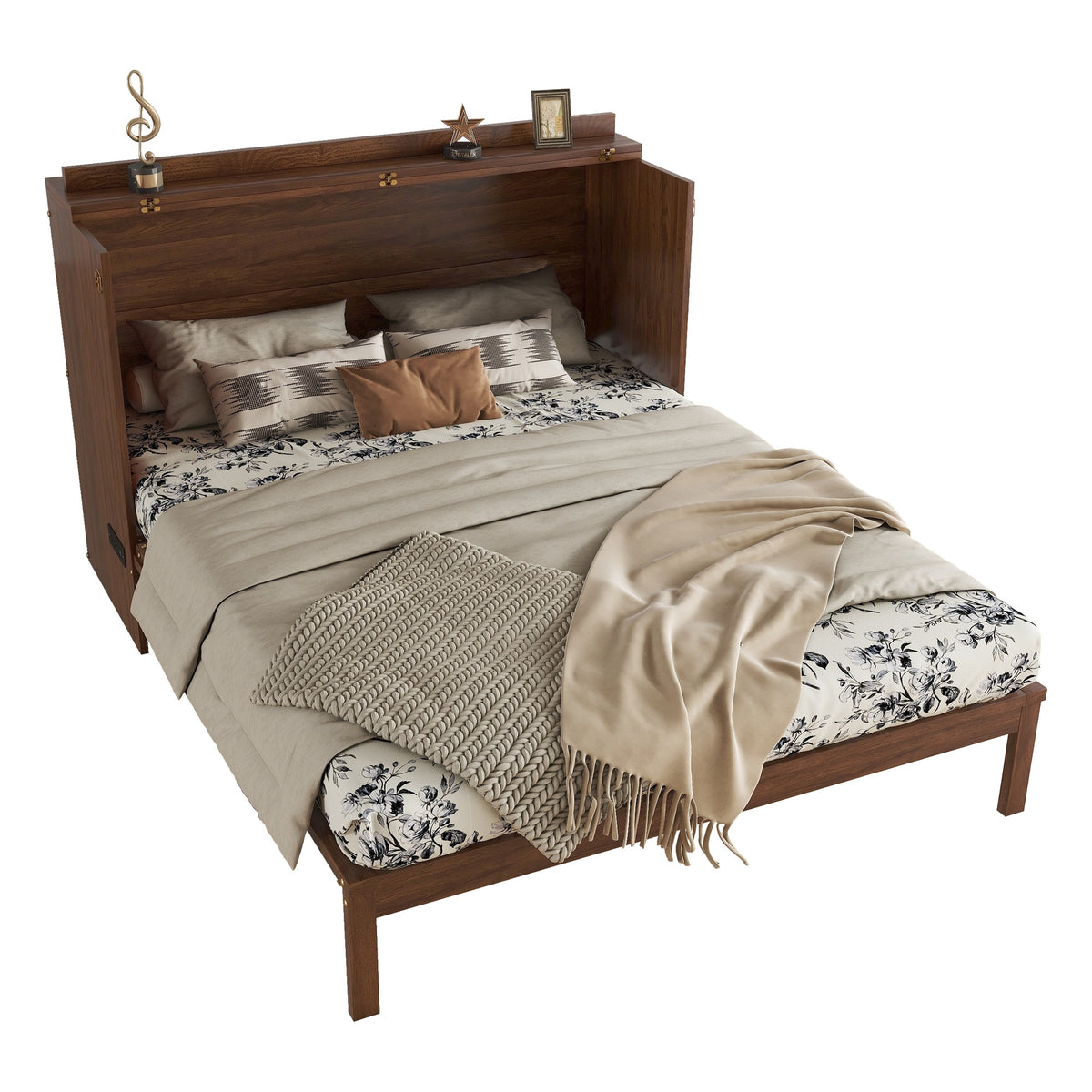 Queen Size Murphy Bed with Charging Station and 2 Storage Drawers, Pine Wood Folding Cabinet Bed, Equipped with 6 Moving Wheels, Space-Saving Hidden Wall Bed for Guest Room, Home Office,Walnut