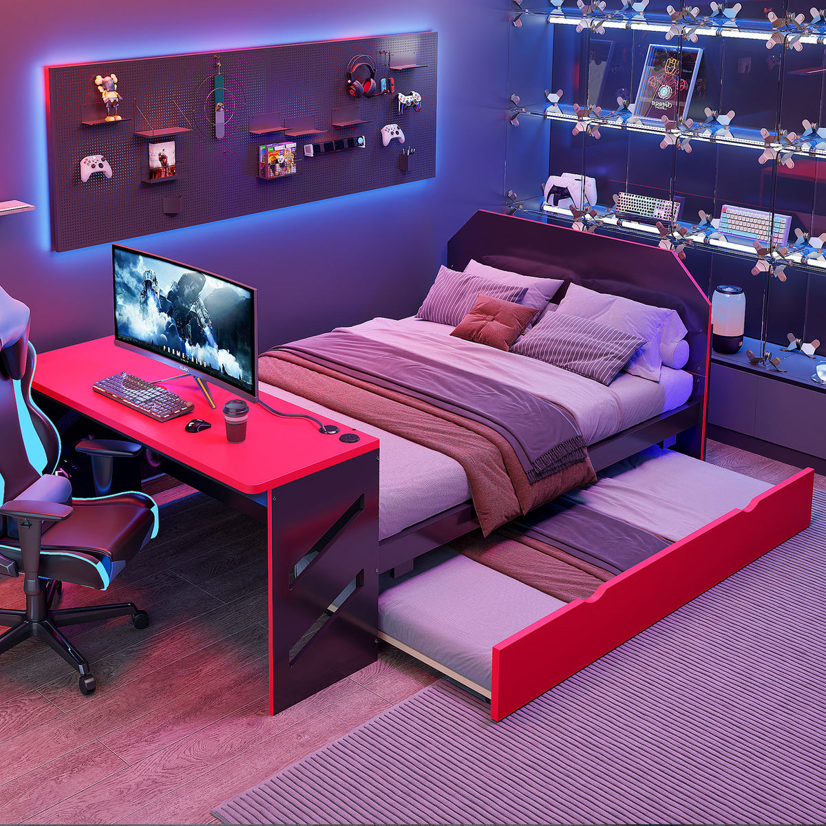Full Size Wood Daybed with Desk & USB,Full Daybed with Twin Size Trundle for Bedroom, Red