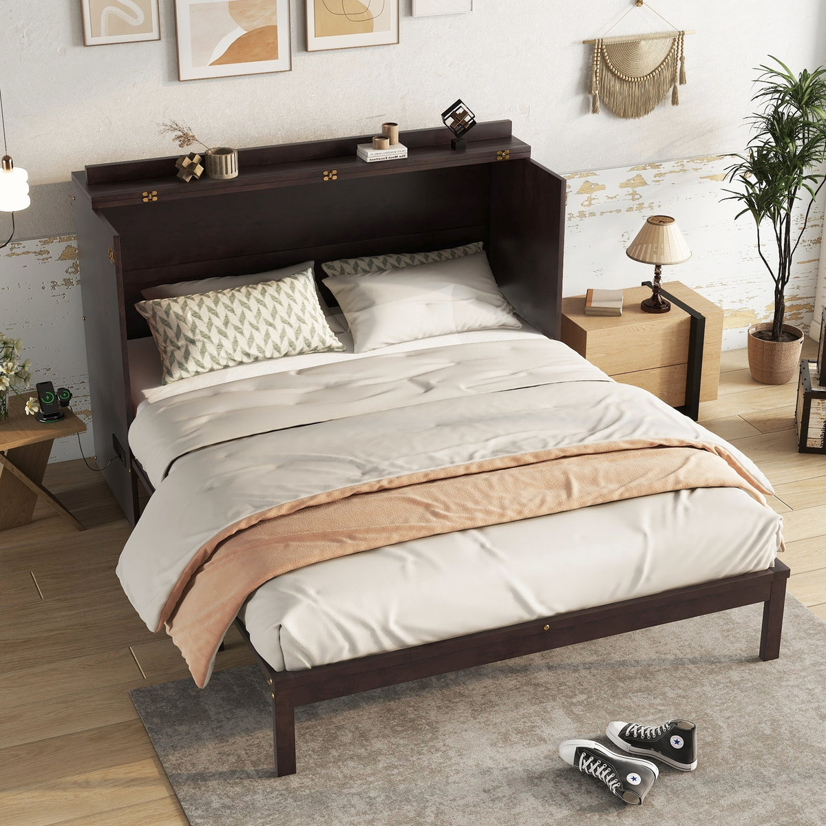 Queen Size Murphy Bed with Charging Station and 2 Storage Drawers, Pine Wood Folding Cabinet Bed, Equipped with 6 Moving Wheels, Space-Saving Hidden Wall Bed for Guest Room, Home Office,Espresso