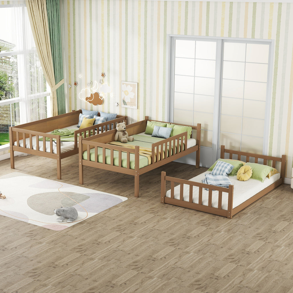 Triple Bunk Bed Frame, Convertible to 3 Single Beds, Solid Wood Bed with Ladders & Guardrails, Natural