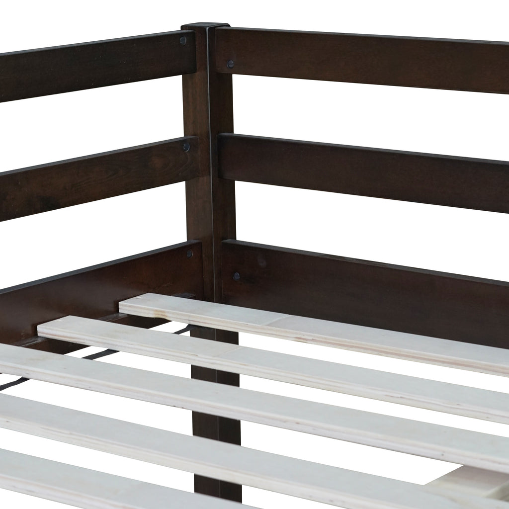 Full Low Loft Bed Frame, Solid Wood Elevated Bed with Guardrail, Space Saving Loft Bed for Bedroom, Espresso