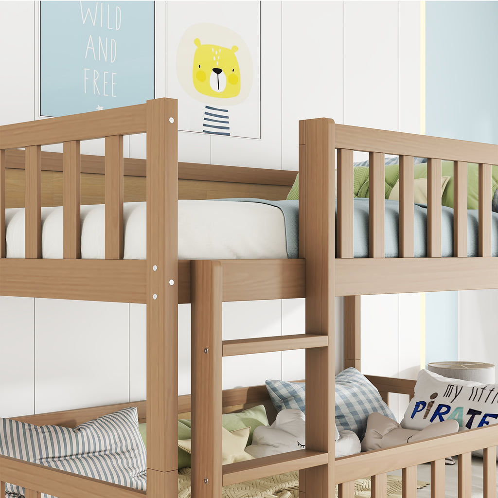 Triple Bunk Bed Frame, Convertible to 3 Single Beds, Solid Wood Bed with Ladders & Guardrails, Natural