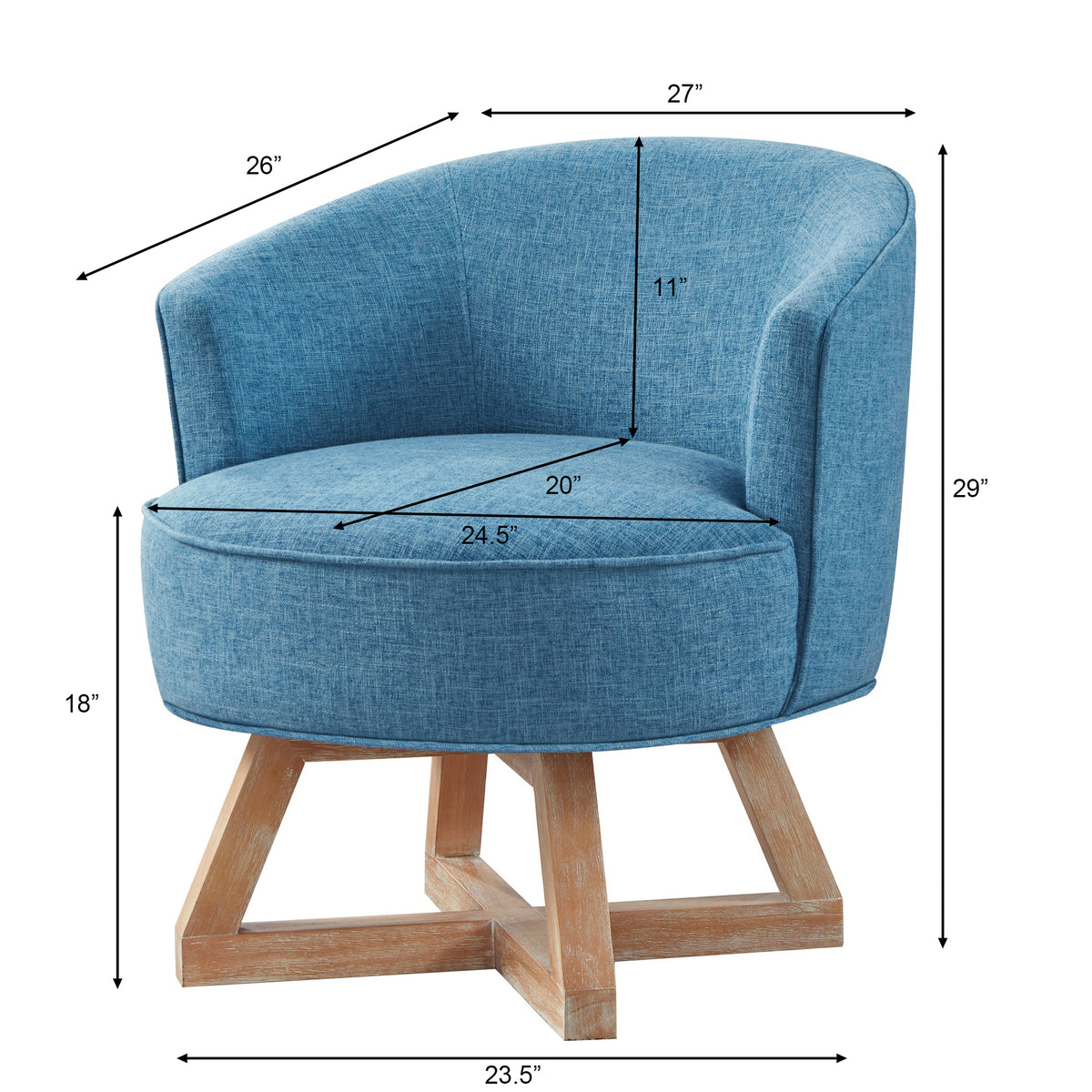 360° Swivel Accent Chair, Barrel Chair with Solid Wood Base, Linen Fabric Armchair, Blue