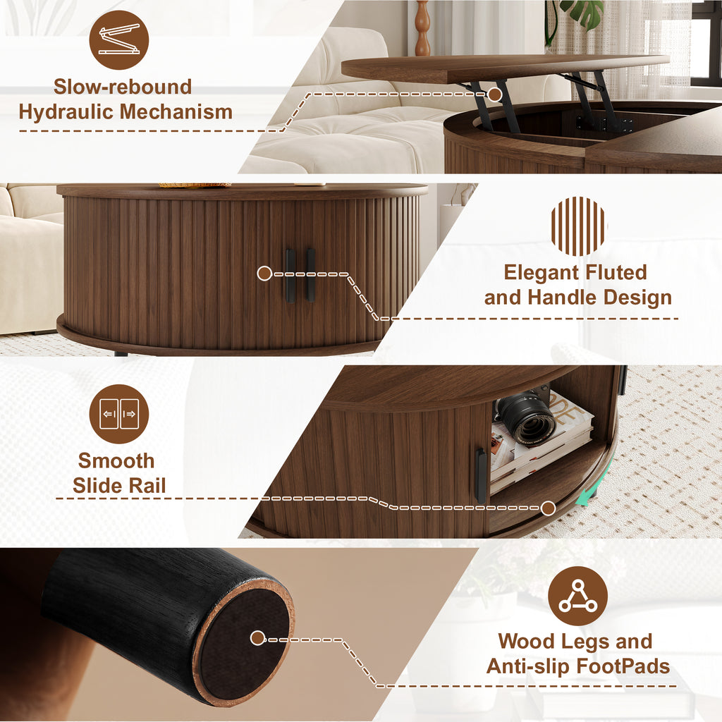 Round Lift Top Coffee Table with Hidden Storage & Sliding Door, Mid Century Modern Wooden Center Table for Living Room, Apartment, Small Space, Walnut