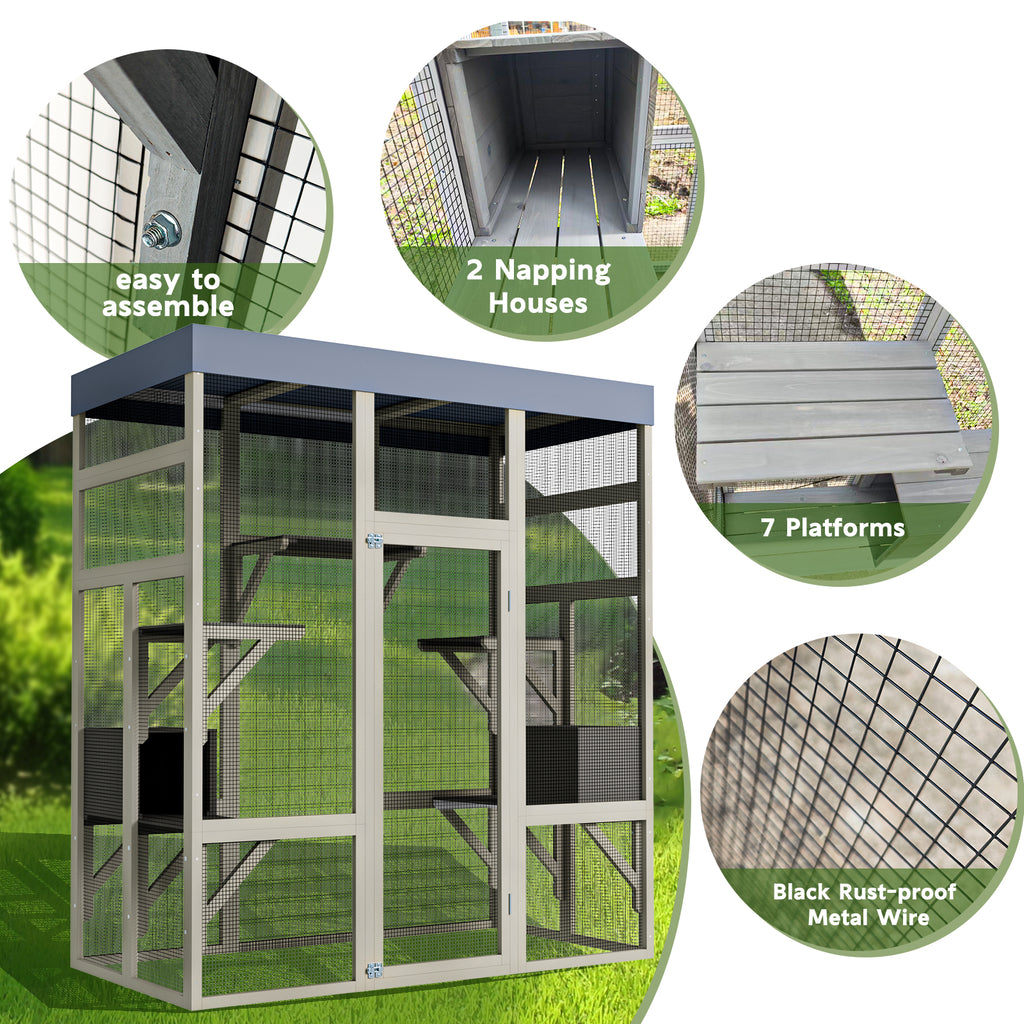 Wooden Catio Outdoor Cat Enclosure Large Cat House for Mulitiple Cats Walk ,2 Napping Boxes & Small Animal Cage, Outdoor Cat Catio with Waterproof Cover,Ramp