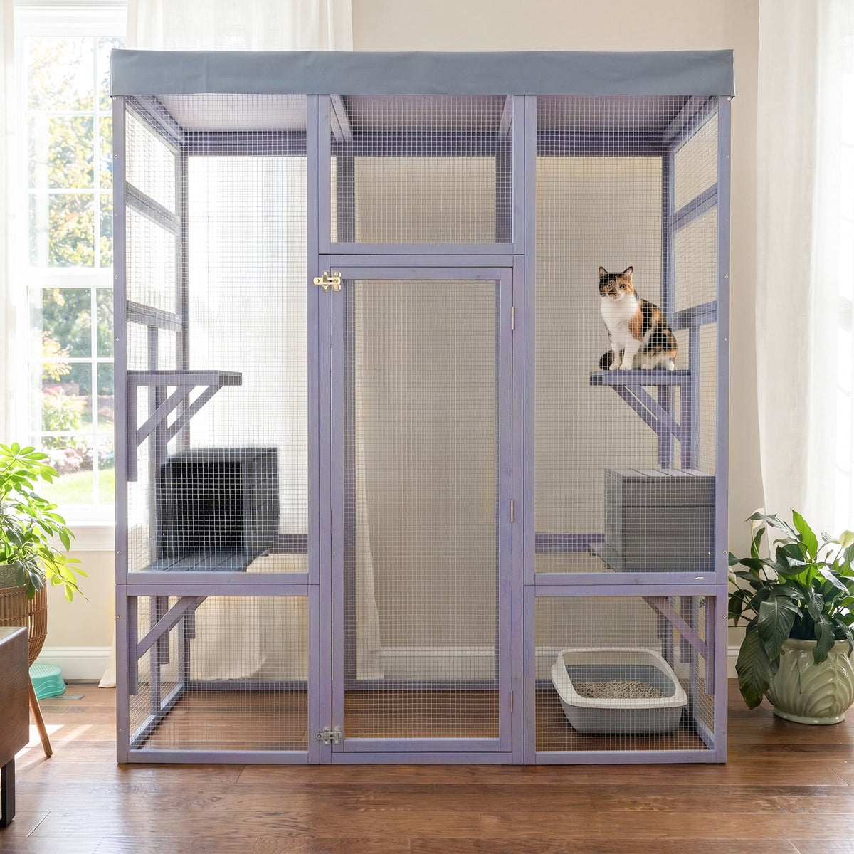 Wooden Catio Outdoor Cat Enclosure Large Cat House for for Mulitiple Cats Walk ,2 Napping House Cat Enclosures House , 62.6" Outdoor Cat Catio with Waterproof Cover,Ramp，Gray