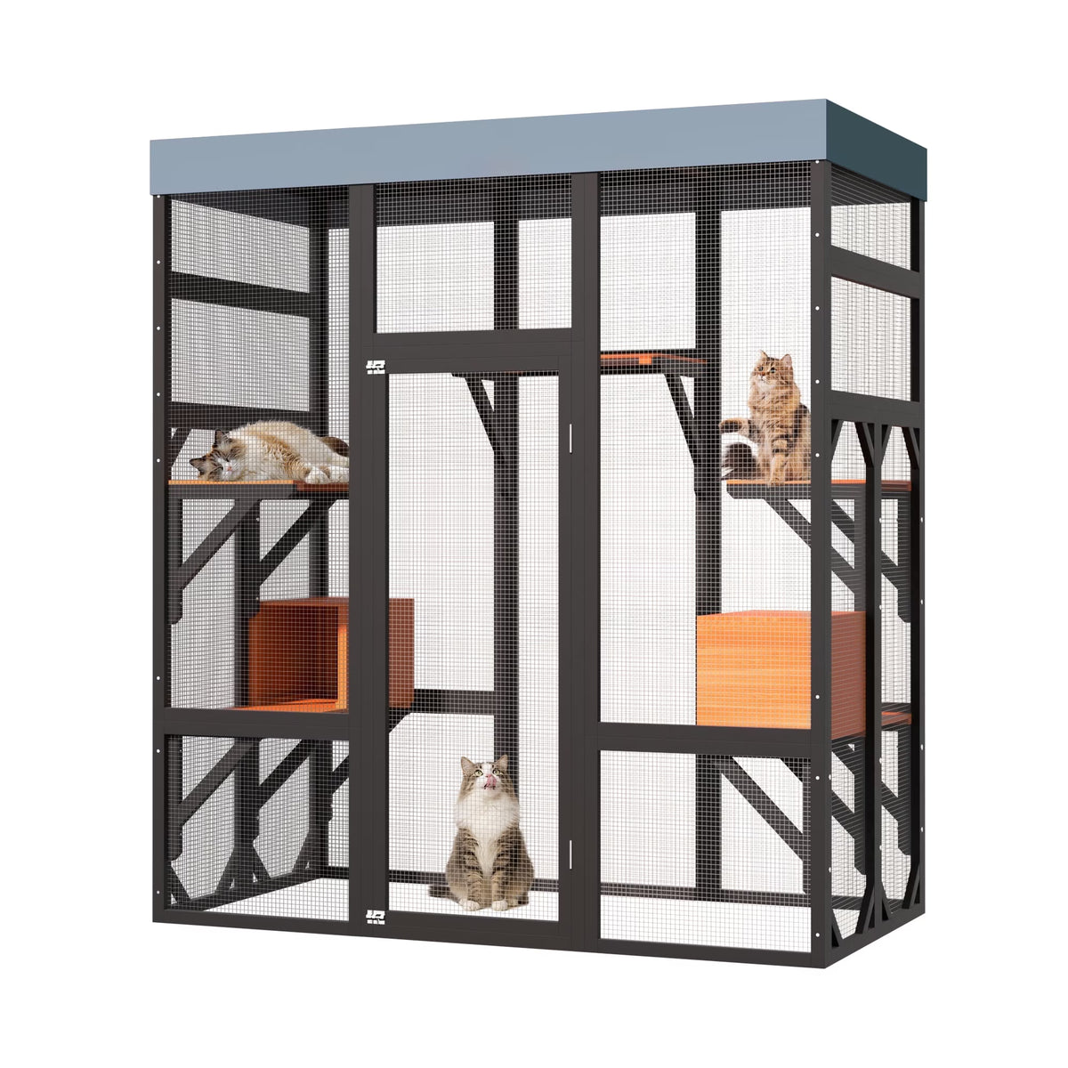 62.6" Black Wooden Catio for Cats, Large Cat Enclosure with Waterproof cover, 2 Napping House, Platforms & Galvanized Metal Wire – Secure Pet Cage Shelter