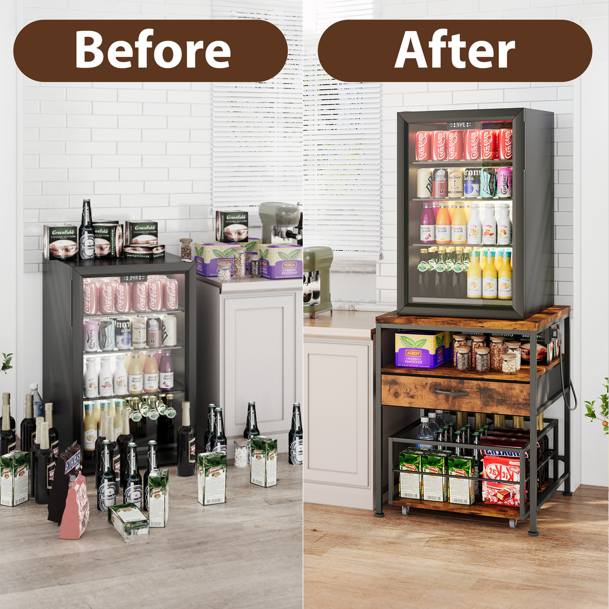 Mini Fridge Stand with Drawer Storage and Power Outlet, Heavy Duty Mobile Mini Fridge Shelf with Wheels, Beverage Refrigerator Table Stand,Brown