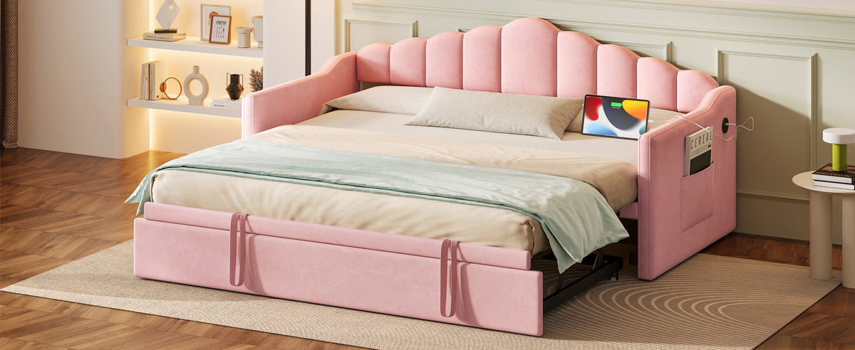 Upholstered Twin Size Daybed Bed with Charging Station & 2 Side Pockets,Velvet Daybed Frame with Adjustable Height Pop Up Trundle for Guest Room, Home Office,Pink
