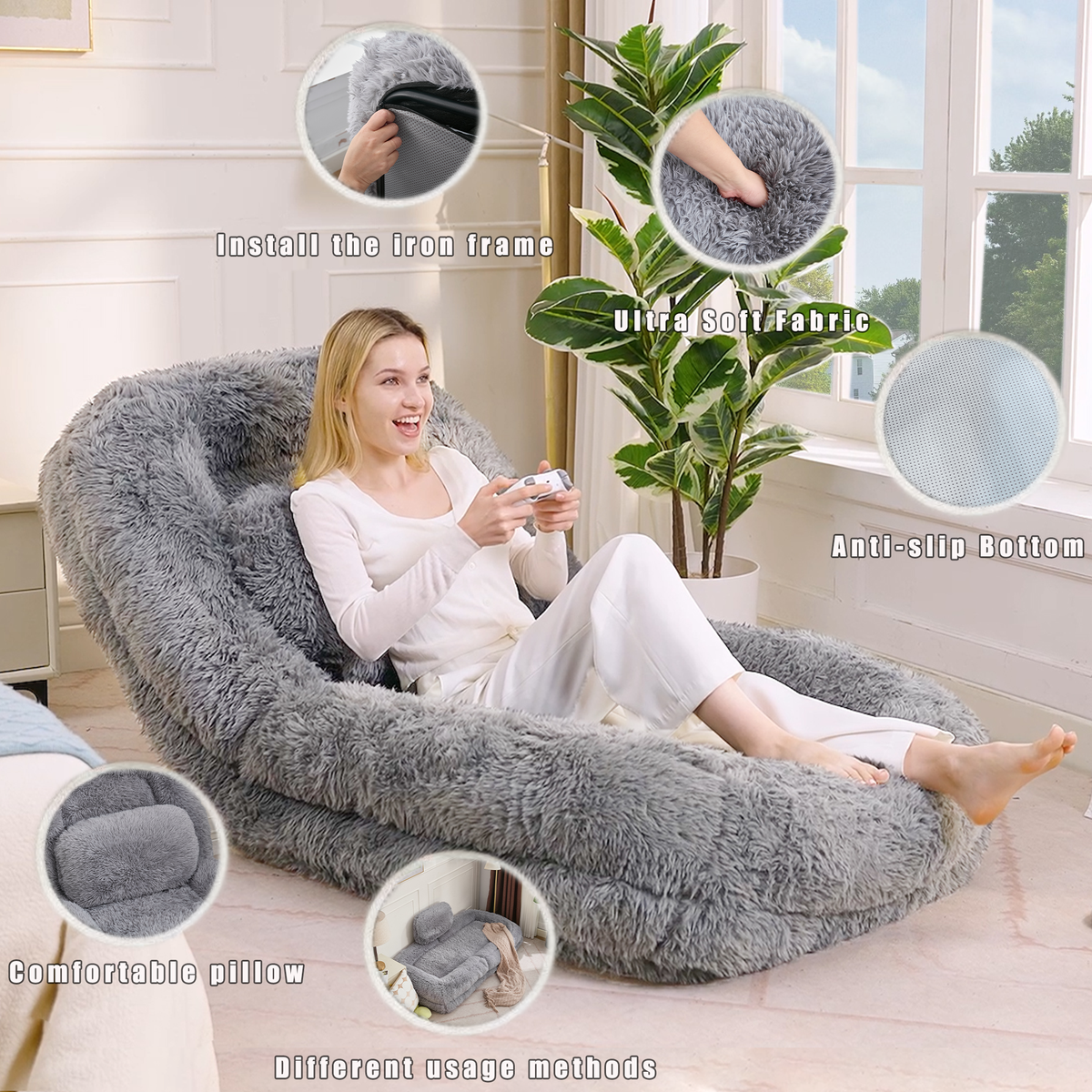 NYBOPAVIS 69" Foldable Lazy Sofa Bed with 5 Position Adjustable Convertible,Recliner Sofa for bedroom, living room,Plush Fabric,Light Gray