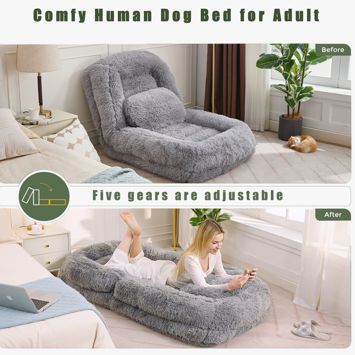 NYBOPAVIS 69" Foldable Lazy Sofa Bed with 5 Position Adjustable Convertible,Recliner Sofa for bedroom, living room,Plush Fabric,Light Gray
