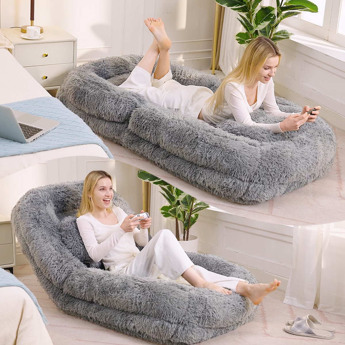 NYBOPAVIS 69" Foldable Lazy Sofa Bed with 5 Position Adjustable Convertible,Recliner Sofa for bedroom, living room,Plush Fabric,Light Gray