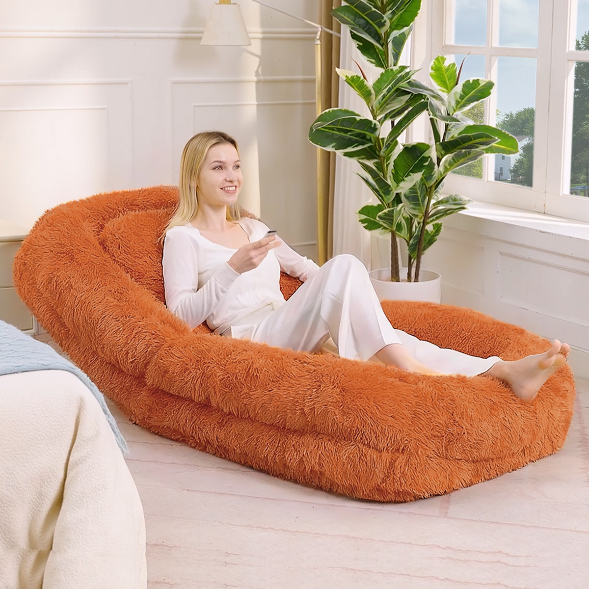 NYBOPAVIS 69" Foldable Lazy Sofa Bed with 5 Position Adjustable Convertible,Recliner Sofa for bedroom, living room,Plush Fabric,Orange