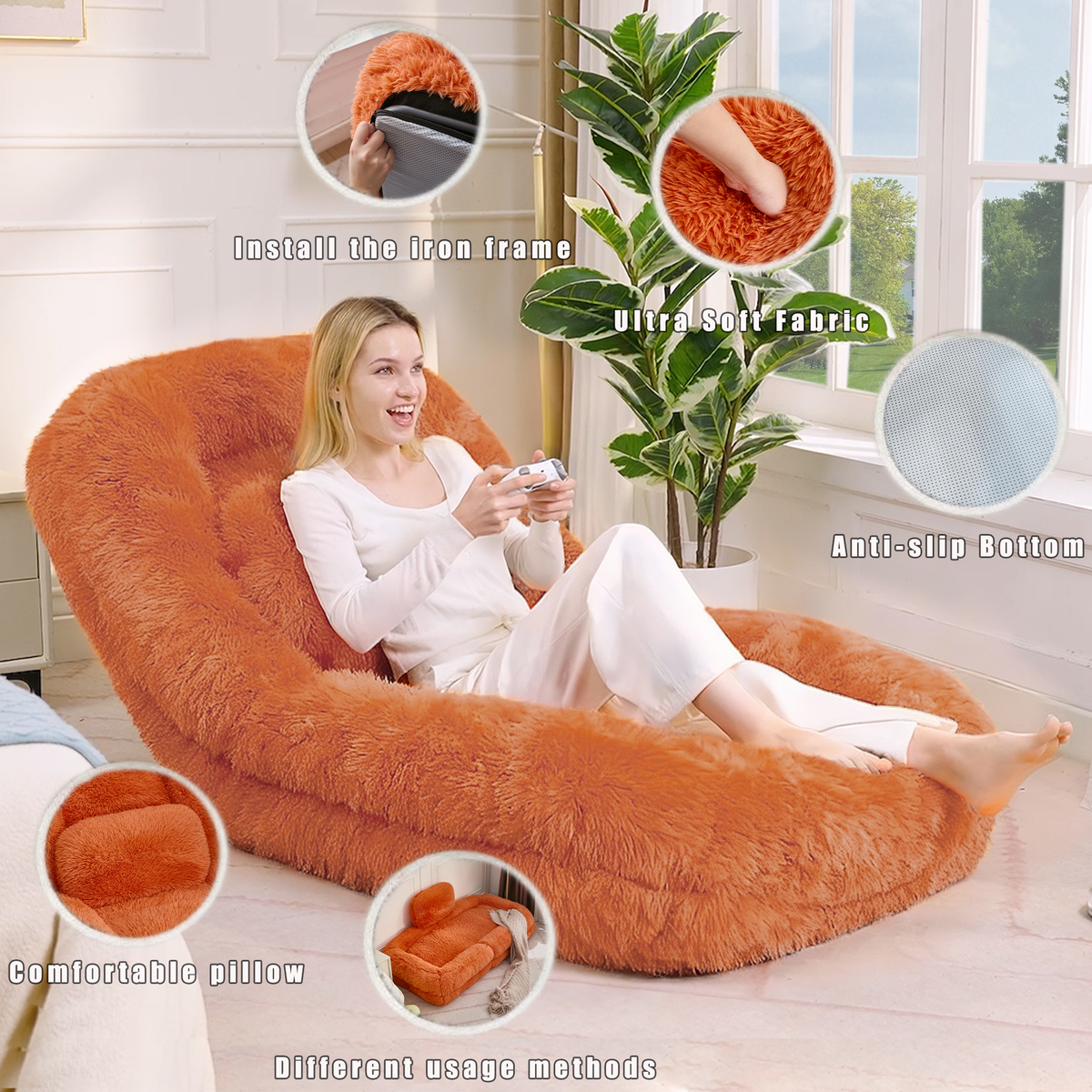 NYBOPAVIS 69" Foldable Lazy Sofa Bed with 5 Position Adjustable Convertible,Recliner Sofa for bedroom, living room,Plush Fabric,Orange